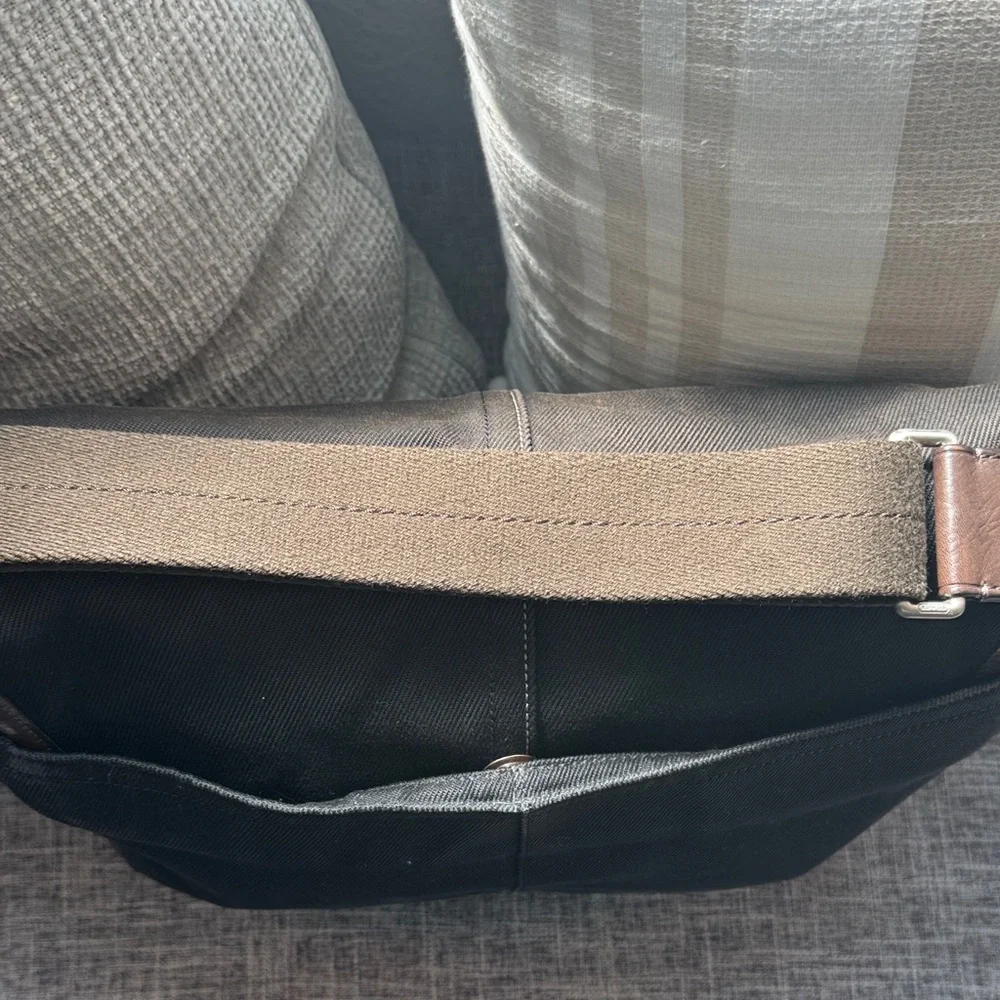Coach Black Messenger Bag with Brown Leather Trimming & Brown Handle